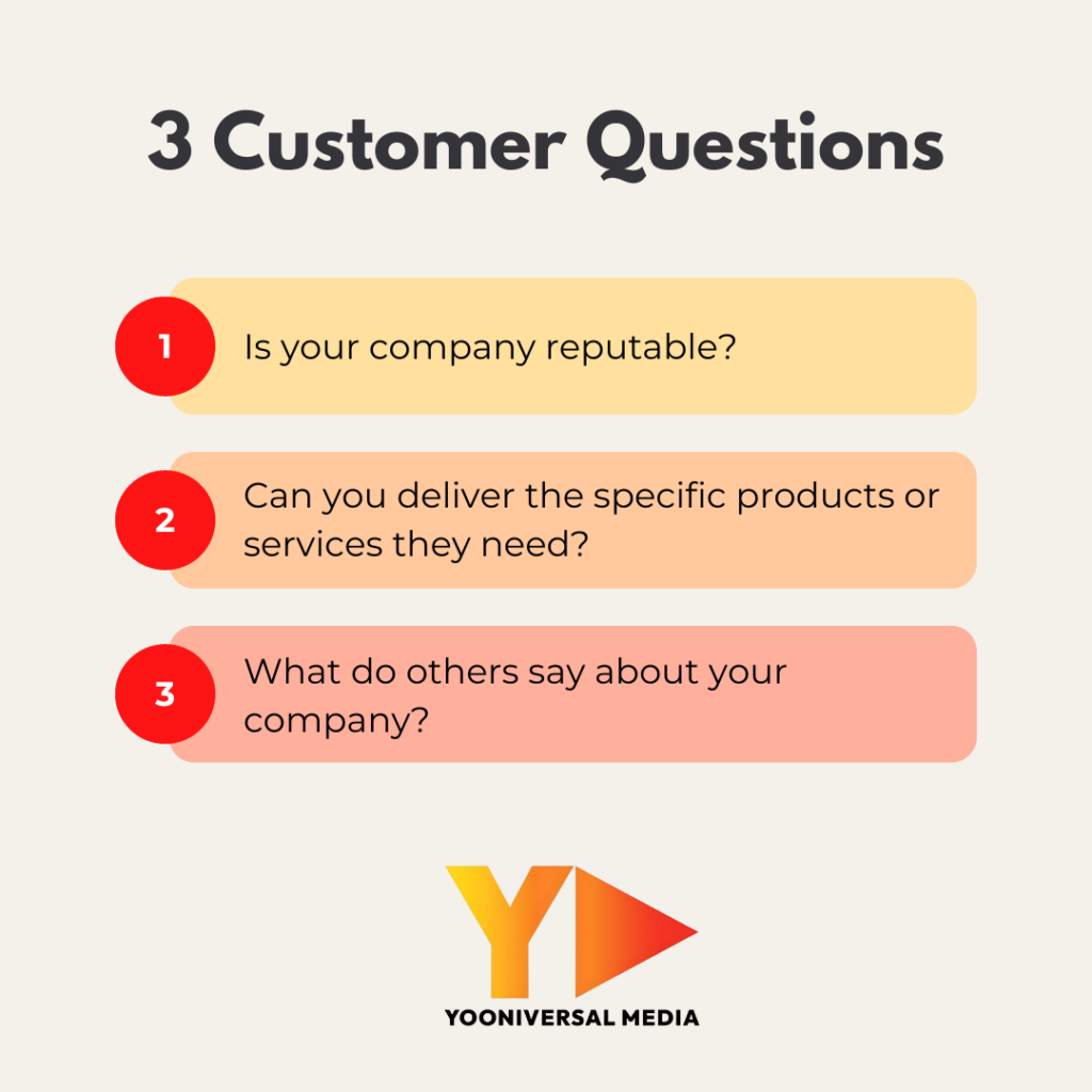 "Is your company reputable?"
"Can you provide them with the specific products or services they require?"
"What are other people saying about your company?"