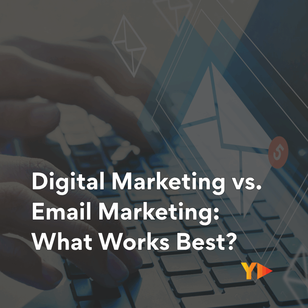 Hands typing on a laptop with digital email icons, illustrating the comparison between digital marketing and email marketing.