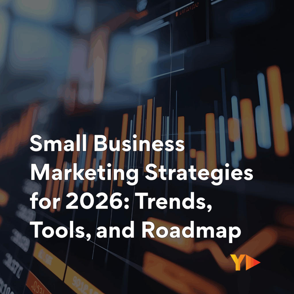 A close-up, high-tech digital display featuring orange and blue glowing bar charts and data points, with the text "Small Business Marketing Strategies for 2026: Trends, Tools, and Roadmap" overlaid in white.
