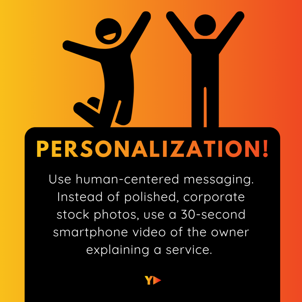 llustration of two joyful silhouettes jumping against an orange gradient background with text advising small businesses to use 30-second smartphone videos of owners instead of corporate stock photos for personalization.